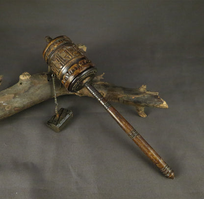 Vintage Tibetan Buddhist Bone Prayer Wheel, Om Mani Padme Hum Mantra, Hand Craved Water Buffalo Bone Prayer Wheel Alter