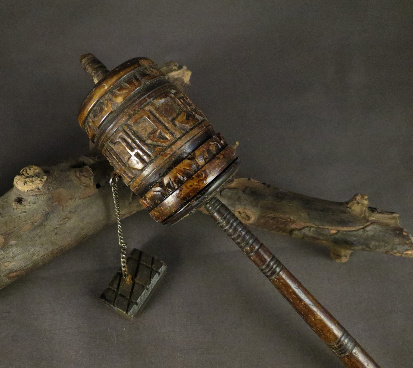 Vintage Tibetan Buddhist Bone Prayer Wheel, Om Mani Padme Hum Mantra, Hand Craved Water Buffalo Bone Prayer Wheel Alter