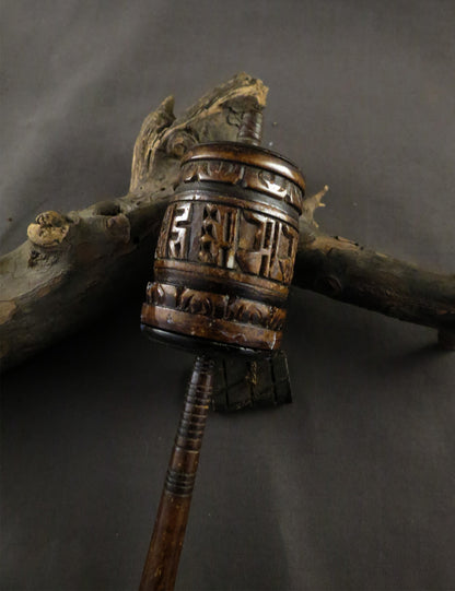 Vintage Tibetan Buddhist Bone Prayer Wheel, Om Mani Padme Hum Mantra, Hand Craved Water Buffalo Bone Prayer Wheel Alter