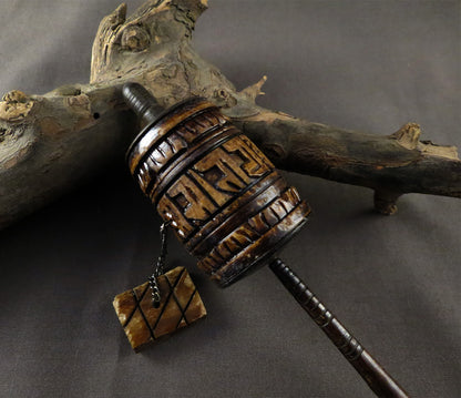 Vintage Tibetan Buddhist Bone Prayer Wheel, Om Mani Padme Hum Mantra, Hand Craved Water Buffalo Bone Prayer Wheel