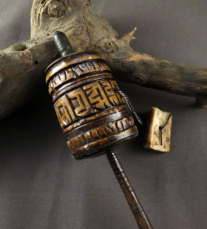 Vintage Tibetan Buddhist Bone Prayer Wheel, Om Mani Padme Hum Mantra, Hand Craved Water Buffalo Bone Prayer Wheel