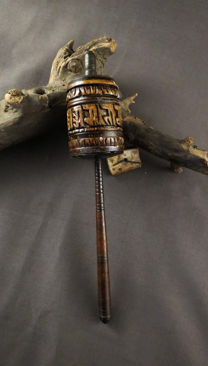Vintage Tibetan Buddhist Bone Prayer Wheel, Om Mani Padme Hum Mantra, Hand Craved Water Buffalo Bone Prayer Wheel