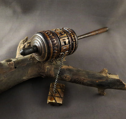 Vintage Tibetan Buddhist Bone Prayer Wheel, Om Mani Padme Hum Mantra, Hand Craved Water Buffalo Bone Prayer Wheel