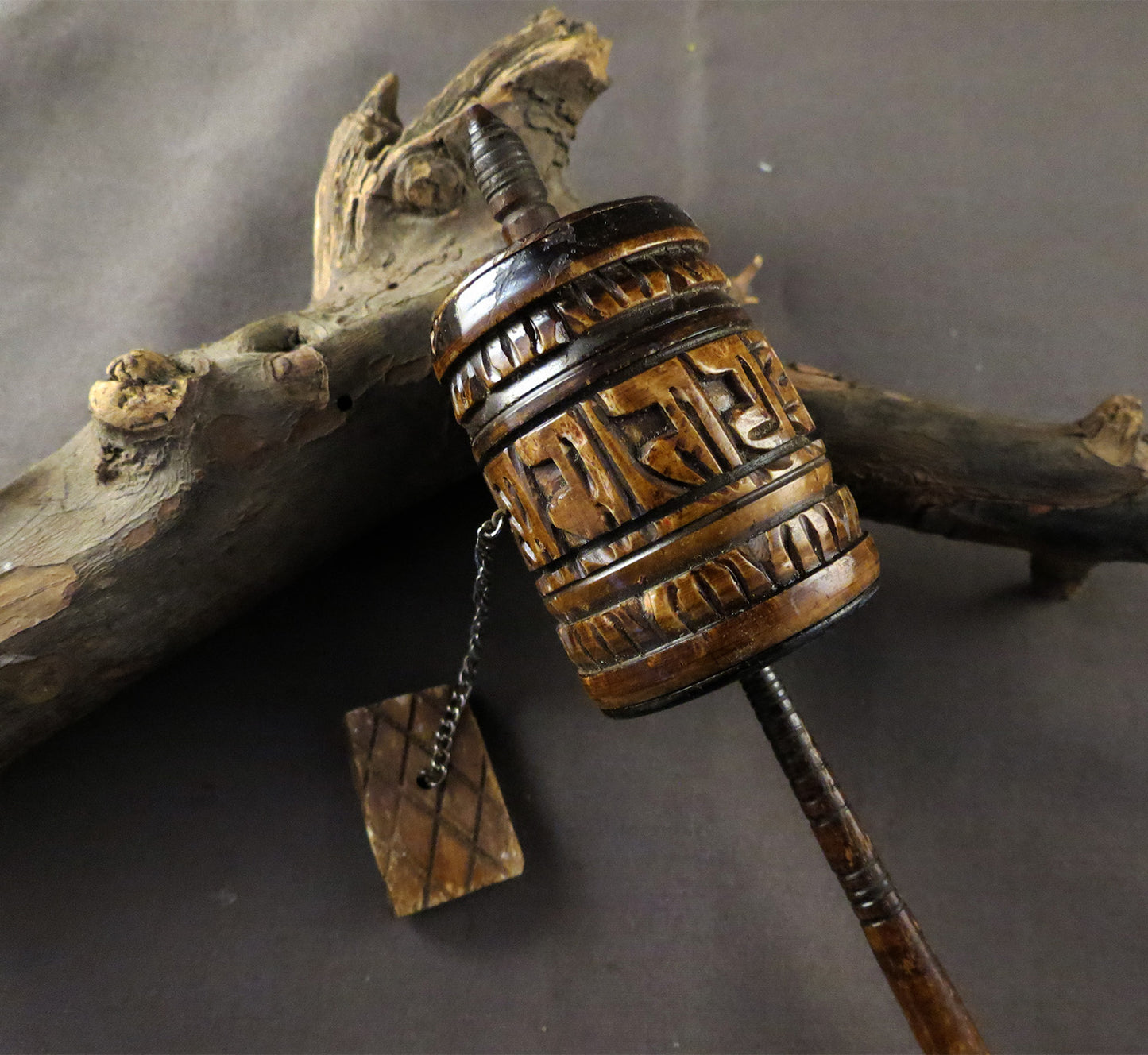 Vintage Tibetan Buddhist Ritual Altar, Om Mani Padme Hum Mantra, Hand Craved Water Buffalo Bone Prayer Wheel