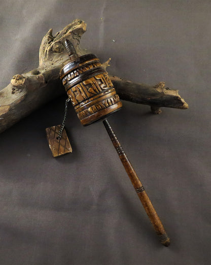 Vintage Tibetan Buddhist Ritual Altar, Om Mani Padme Hum Mantra, Hand Craved Water Buffalo Bone Prayer Wheel