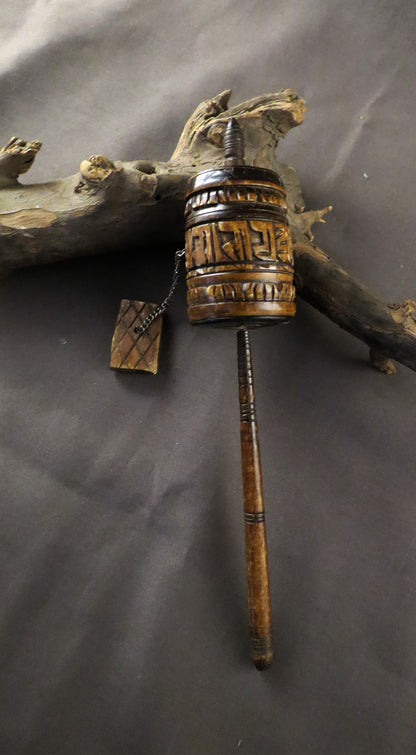 Vintage Tibetan Buddhist Ritual Altar, Om Mani Padme Hum Mantra, Hand Craved Water Buffalo Bone Prayer Wheel