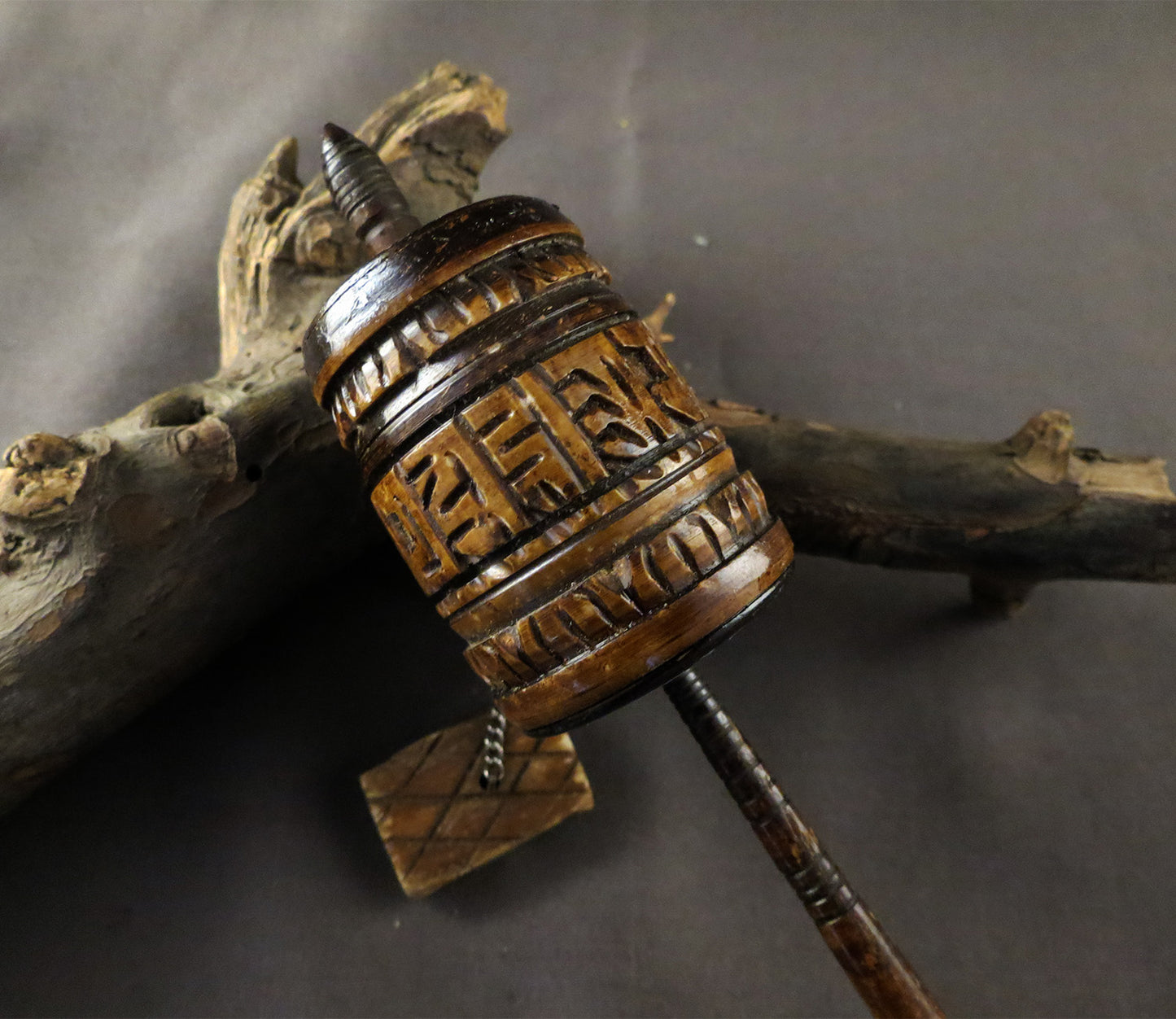 Vintage Tibetan Buddhist Ritual Altar, Om Mani Padme Hum Mantra, Hand Craved Water Buffalo Bone Prayer Wheel
