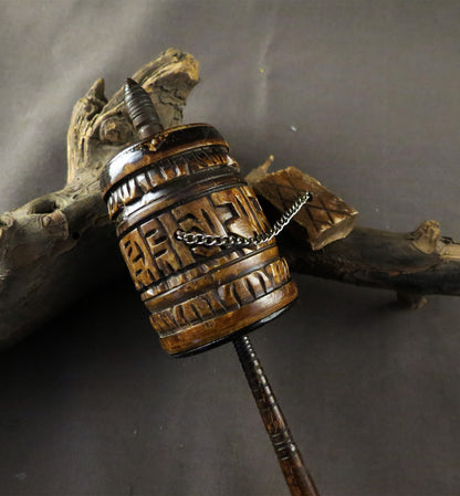Vintage Tibetan Buddhist Ritual Altar, Om Mani Padme Hum Mantra, Hand Craved Water Buffalo Bone Prayer Wheel