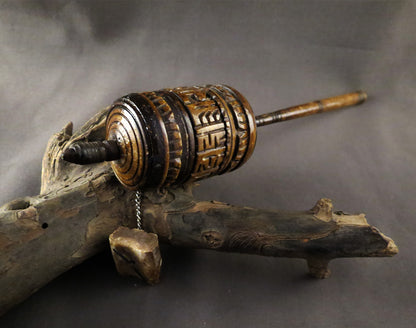 Vintage Tibetan Buddhist Ritual Altar, Om Mani Padme Hum Mantra, Hand Craved Water Buffalo Bone Prayer Wheel