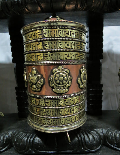 Tibetan Buddhism Copper Prayer Wheel - Om Mani Padme Hum Mantra, Ritual 8 Auspicious lucky Signs