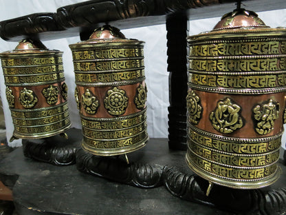 Tibetan Buddhism Copper Prayer Wheel - Om Mani Padme Hum Mantra, Ritual 8 Auspicious lucky Signs