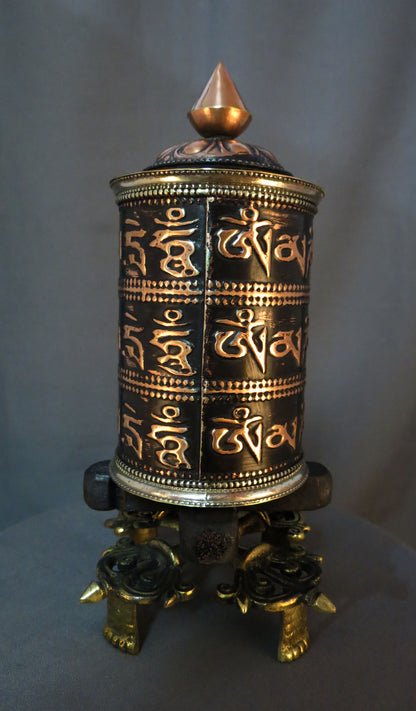 Tibetan Buddhism Om Mani Padme Hum Mantra Handmade Double Vajra Stand Brass Copper Oxide Prayer Wheel