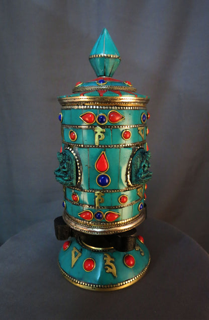 Tibetan Buddhism Goddess White Tara Om Mantra Brass Resin Turquoise Stone Handmade Prayer Wheel