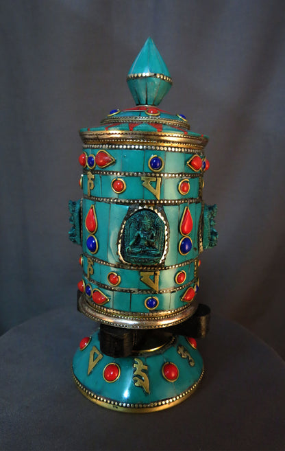 Tibetan Buddhism Goddess White Tara Om Mantra Brass Resin Turquoise Stone Handmade Prayer Wheel