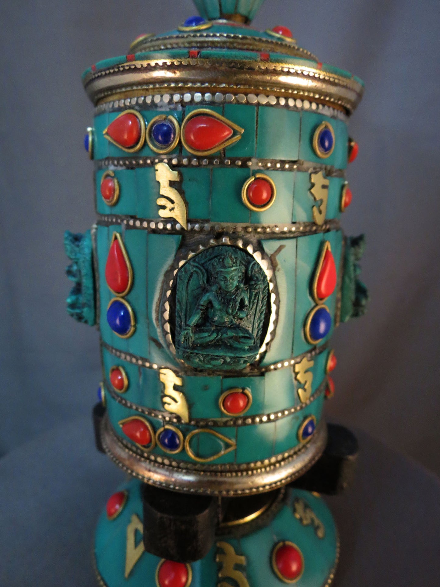 Tibetan Buddhism Goddess White Tara Om Mantra Brass Resin Turquoise Stone Handmade Prayer Wheel