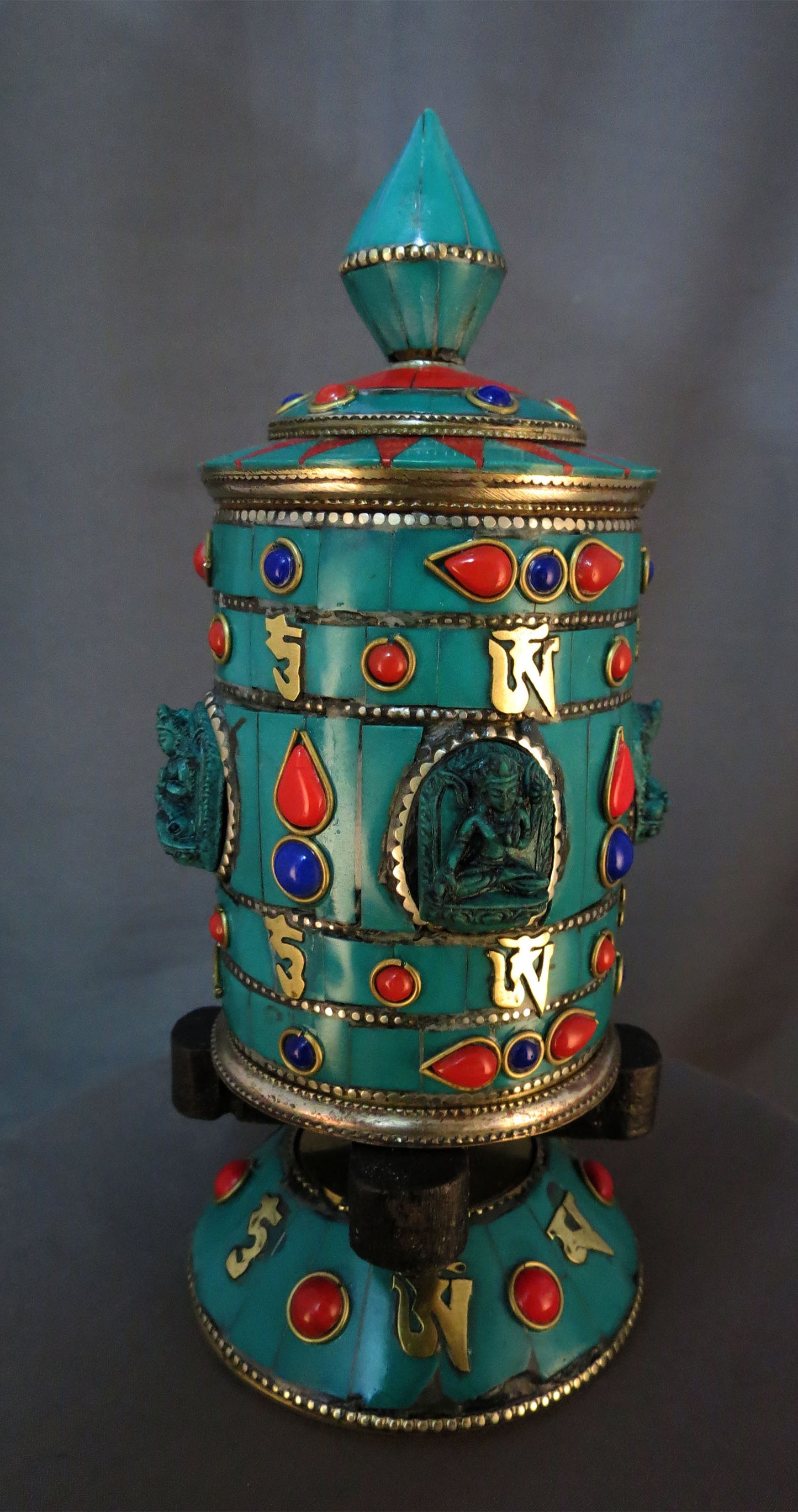 Tibetan Buddhism Goddess White Tara Om Mantra Brass Resin Turquoise Stone Handmade Prayer Wheel
