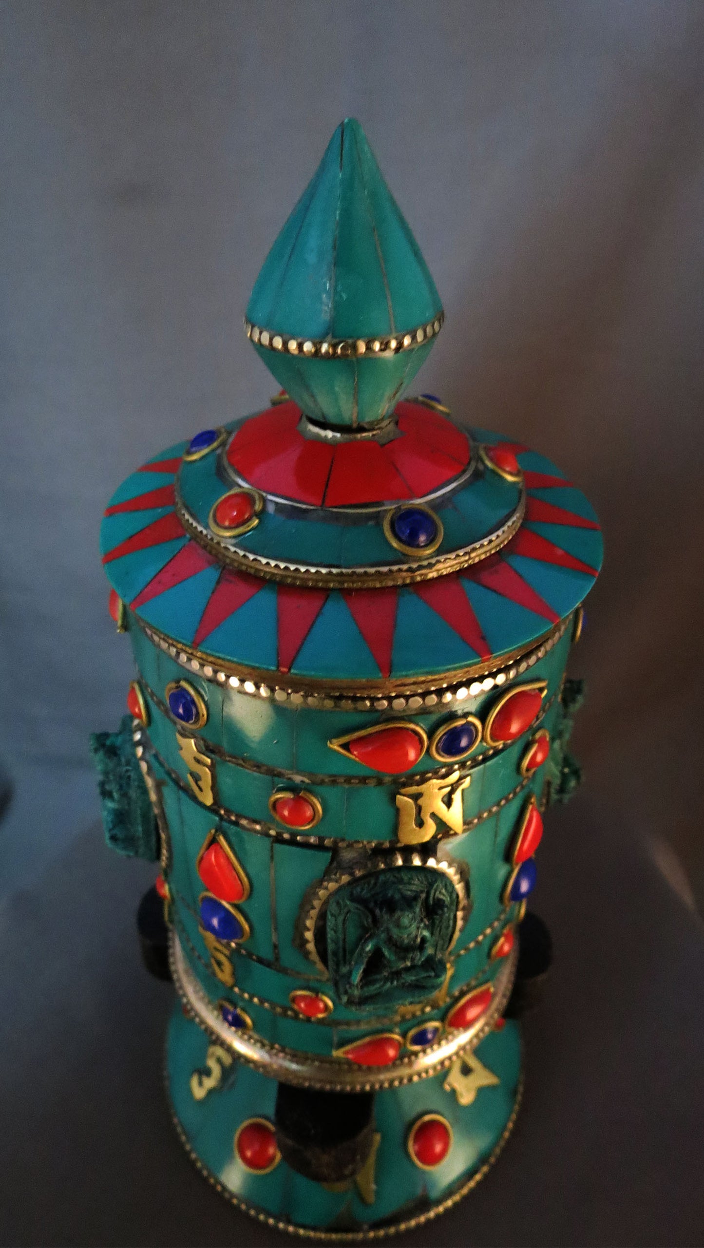 Tibetan Buddhism Goddess White Tara Om Mantra Brass Resin Turquoise Stone Handmade Prayer Wheel