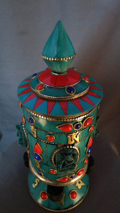 Tibetan Buddhism Goddess White Tara Om Mantra Brass Resin Turquoise Stone Handmade Prayer Wheel