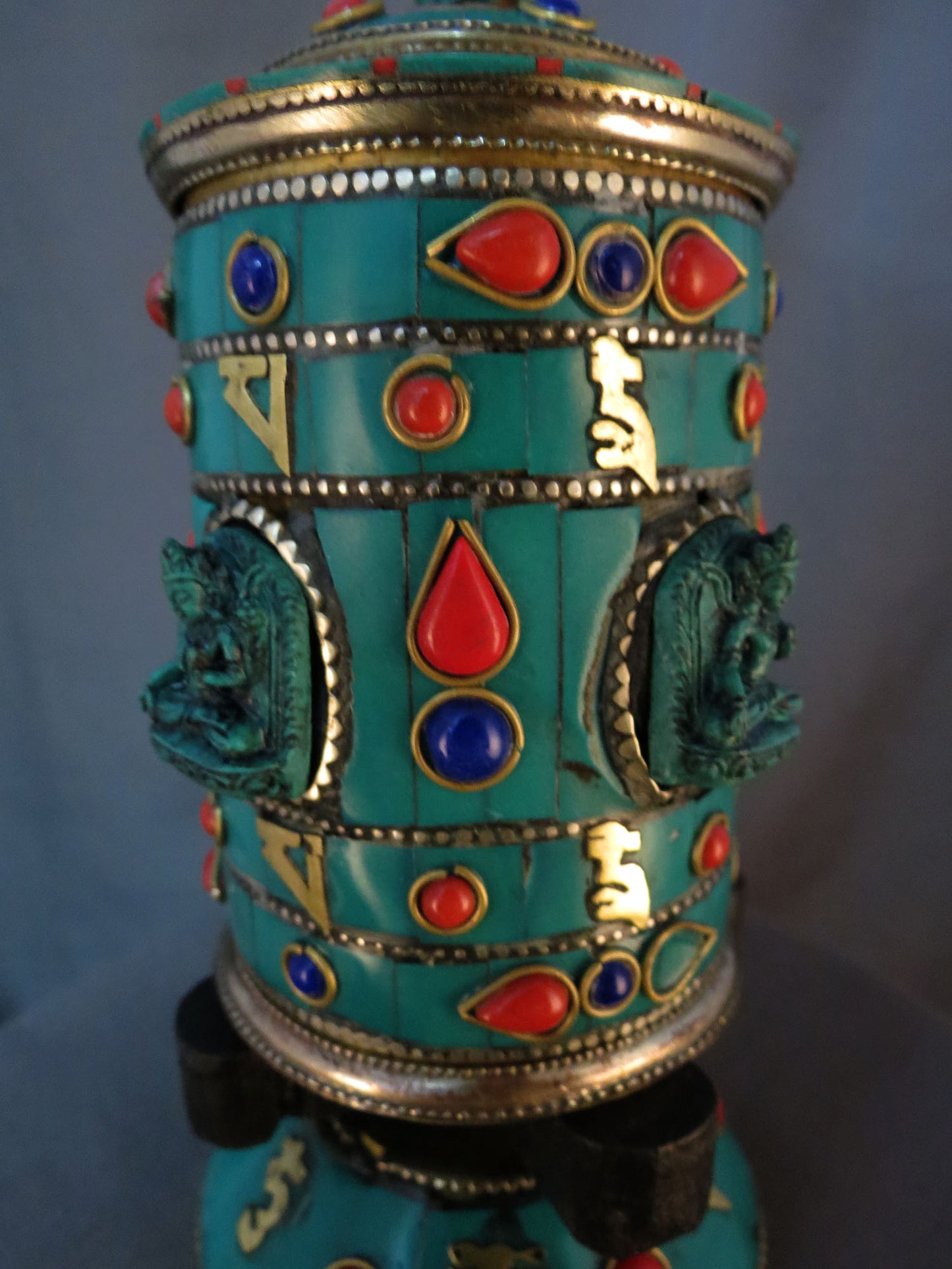 Tibetan Buddhism Goddess White Tara Om Mantra Brass Resin Turquoise Stone Handmade Prayer Wheel