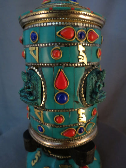 Tibetan Buddhism Goddess White Tara Om Mantra Brass Resin Turquoise Stone Handmade Prayer Wheel