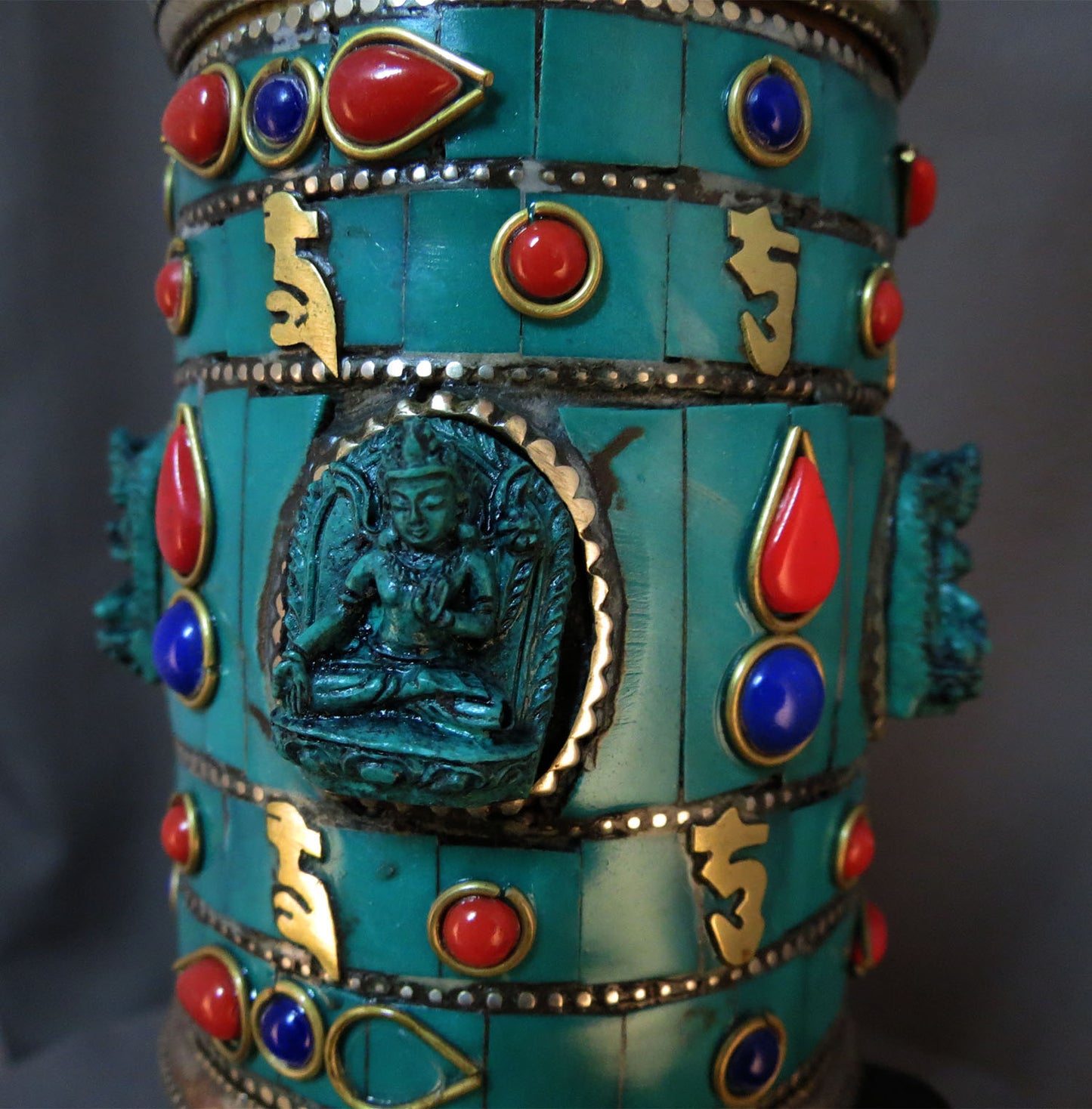Tibetan Buddhism Goddess White Tara Om Mantra Brass Resin Turquoise Stone Handmade Prayer Wheel