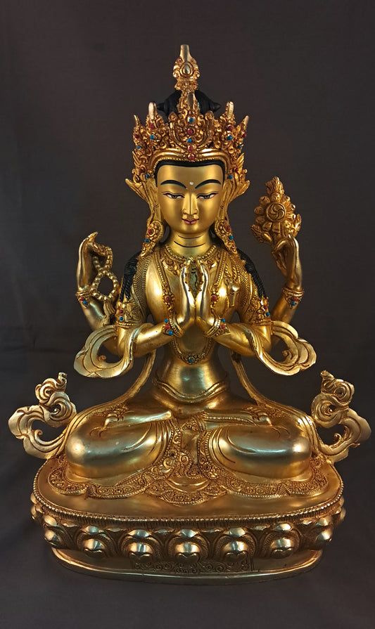 Tibetan Buddhism Gold Face Lord Chenrezig Avalokitesvara Spyan Ras Gzig Coral Turquoise Stone Gold Plated Copper Statue Sculpture Nepal free