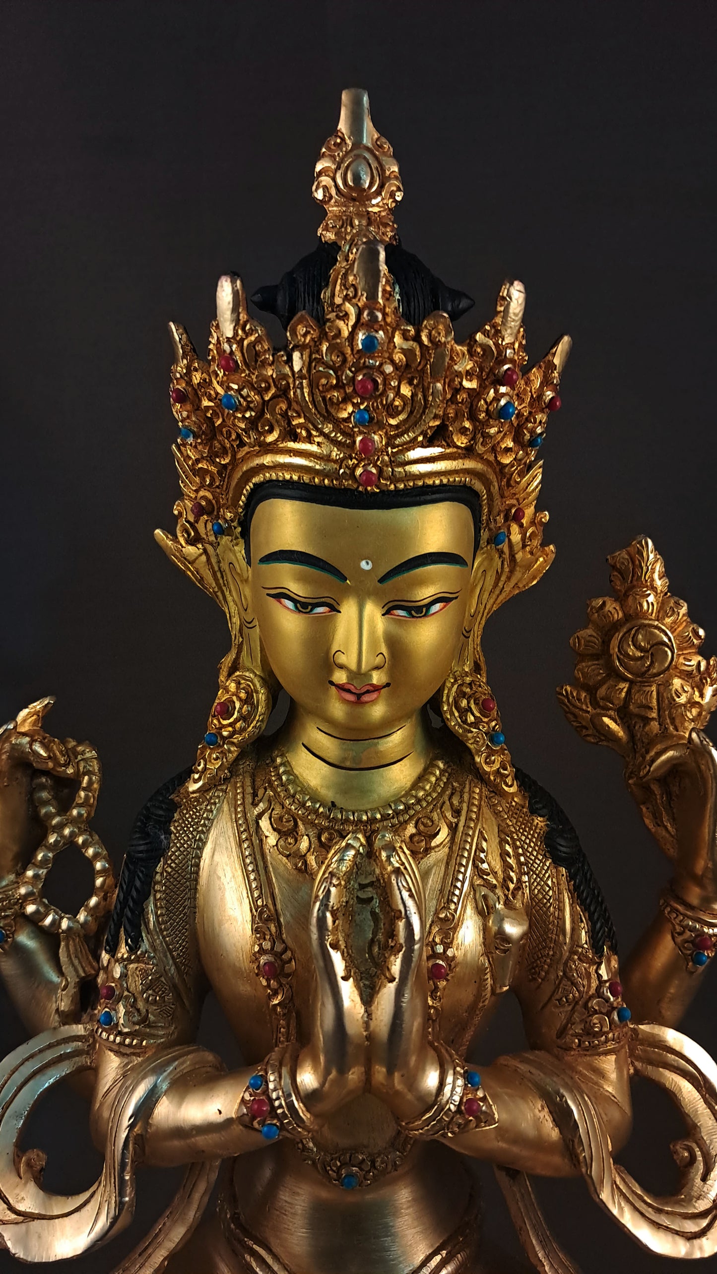 Tibetan Buddhism Gold Face Lord Chenrezig Avalokitesvara Spyan Ras Gzig Coral Turquoise Stone Gold Plated Copper Statue Sculpture Nepal free