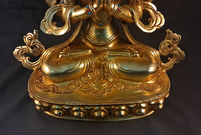Tibetan Buddhism Gold Face Lord Chenrezig Avalokitesvara Spyan Ras Gzig Coral Turquoise Stone Gold Plated Copper Statue Sculpture Nepal free