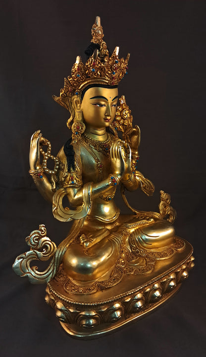 Tibetan Buddhism Gold Face Lord Chenrezig Avalokitesvara Spyan Ras Gzig Coral Turquoise Stone Gold Plated Copper Statue Sculpture Nepal free