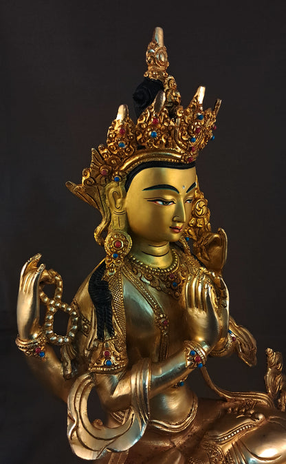 Tibetan Buddhism Gold Face Lord Chenrezig Avalokitesvara Spyan Ras Gzig Coral Turquoise Stone Gold Plated Copper Statue Sculpture Nepal free