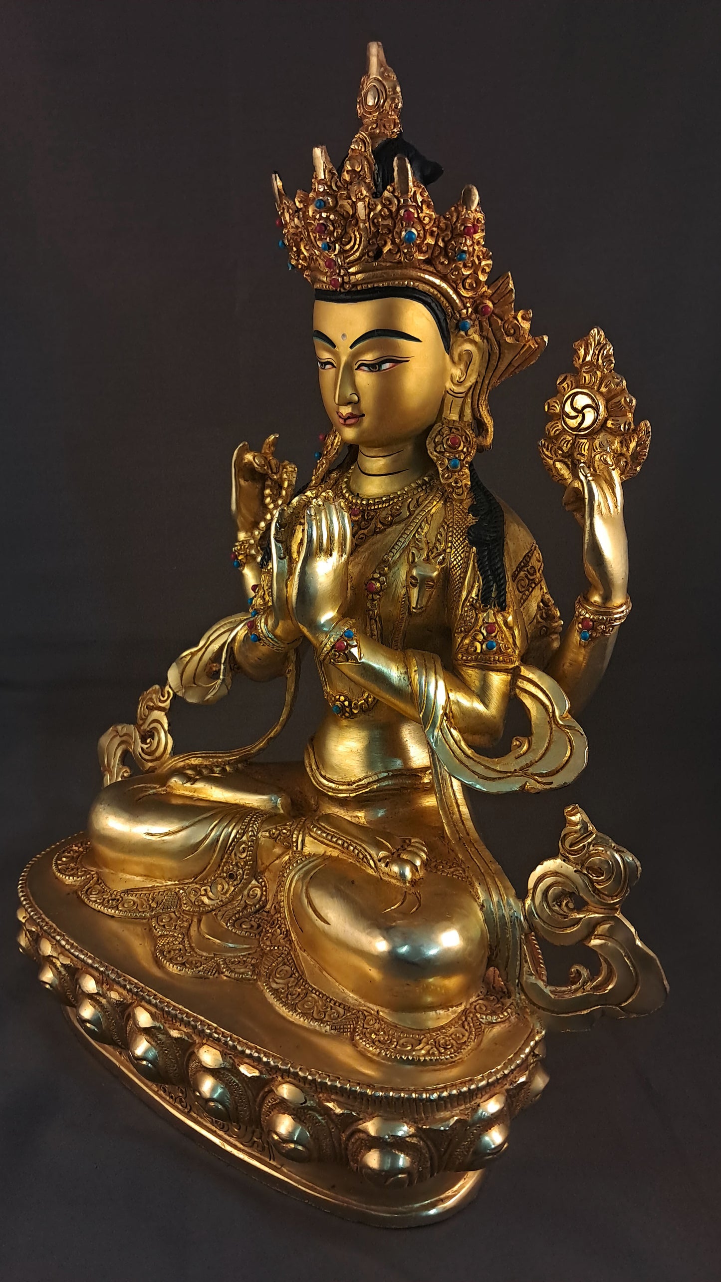 Tibetan Buddhism Gold Face Lord Chenrezig Avalokitesvara Spyan Ras Gzig Coral Turquoise Stone Gold Plated Copper Statue Sculpture Nepal free