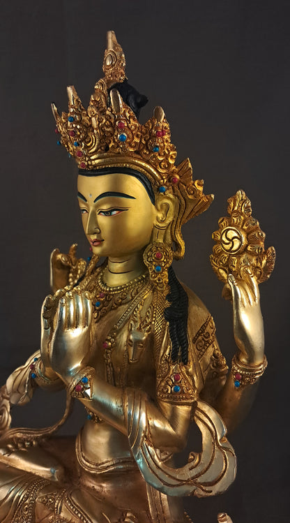 Tibetan Buddhism Gold Face Lord Chenrezig Avalokitesvara Spyan Ras Gzig Coral Turquoise Stone Gold Plated Copper Statue Sculpture Nepal free