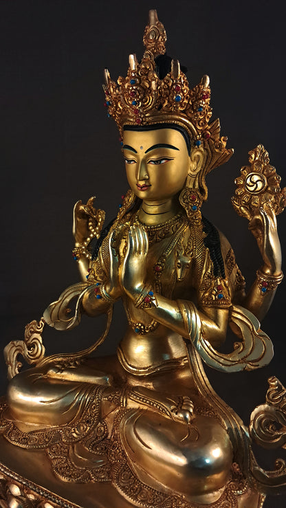 Tibetan Buddhism Gold Face Lord Chenrezig Avalokitesvara Spyan Ras Gzig Coral Turquoise Stone Gold Plated Copper Statue Sculpture Nepal free