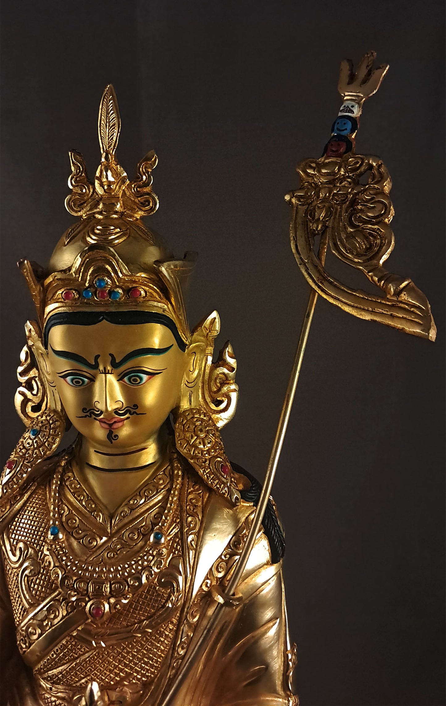 Gold Face Guru Rinpoche Statue: Tibetan Buddhism Gold Plated Copper Sculpture Figure Nepal free