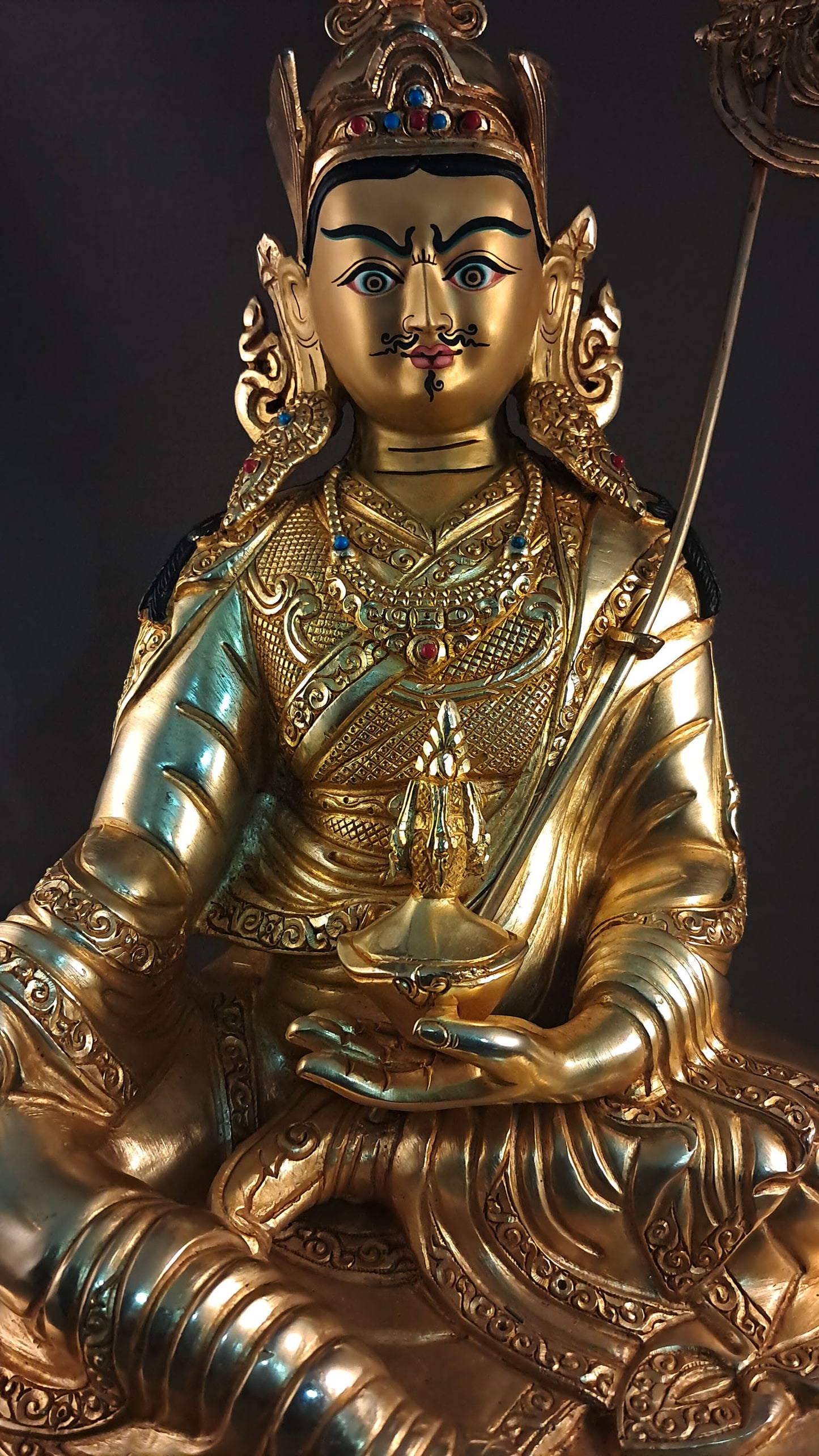 Gold Face Guru Rinpoche Statue: Tibetan Buddhism Gold Plated Copper Sculpture Figure Nepal free