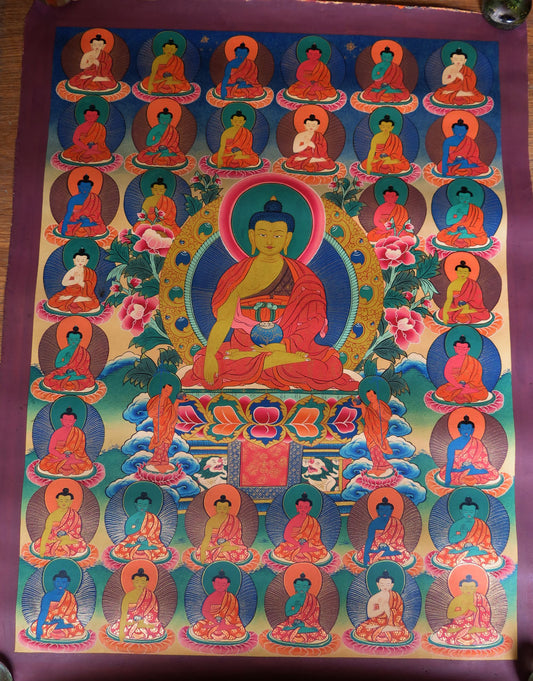 Tibetan Buddhism Lord Shakyamuni Buddha with 5 Dhyani Buddha 35 Buddha Figure Thangka Art Nepal free