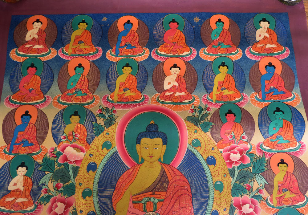 Tibetan Buddhism Lord Shakyamuni Buddha with 5 Dhyani Buddha 35 Buddha Figure Thangka Art Nepal free