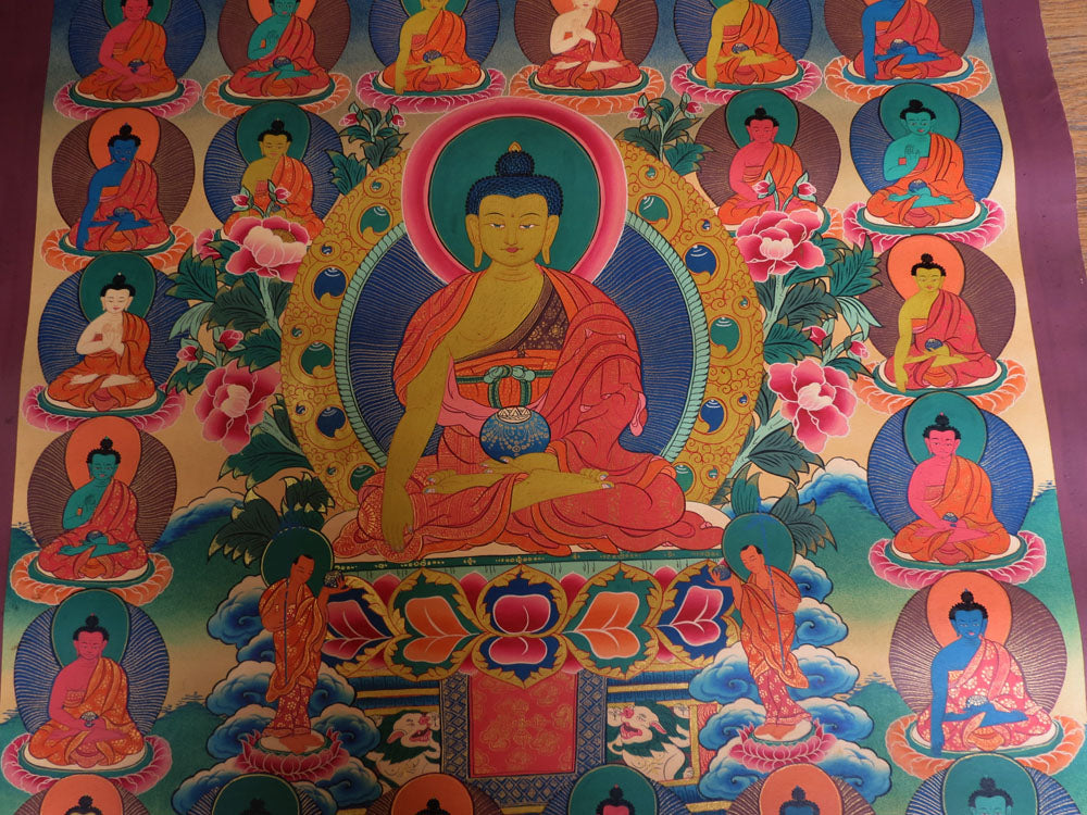 Tibetan Buddhism Lord Shakyamuni Buddha with 5 Dhyani Buddha 35 Buddha Figure Thangka Art Nepal free