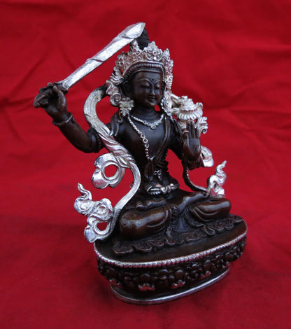 Buddhism Hinduism Lord Manjushree Copper Silver Oxide Statue Figure Handmade Nepal