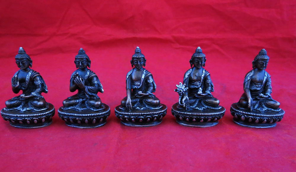 Lord 5 Dhyani Buddha (Pancha Buddha) Copper Silver Oxide Small Statue Figure Nepal