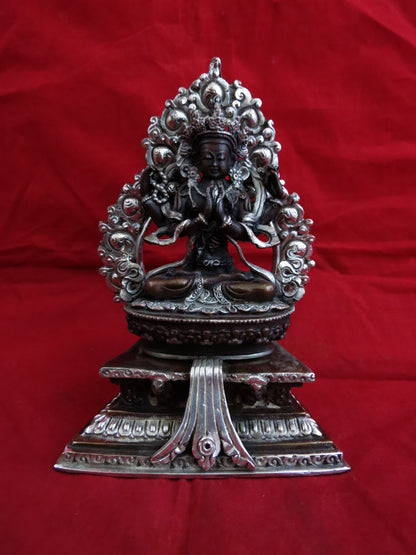 Tibetan Buddhism Lord Chenrezig Khacheri Silver Oxide Copper Statue Figure Nepal