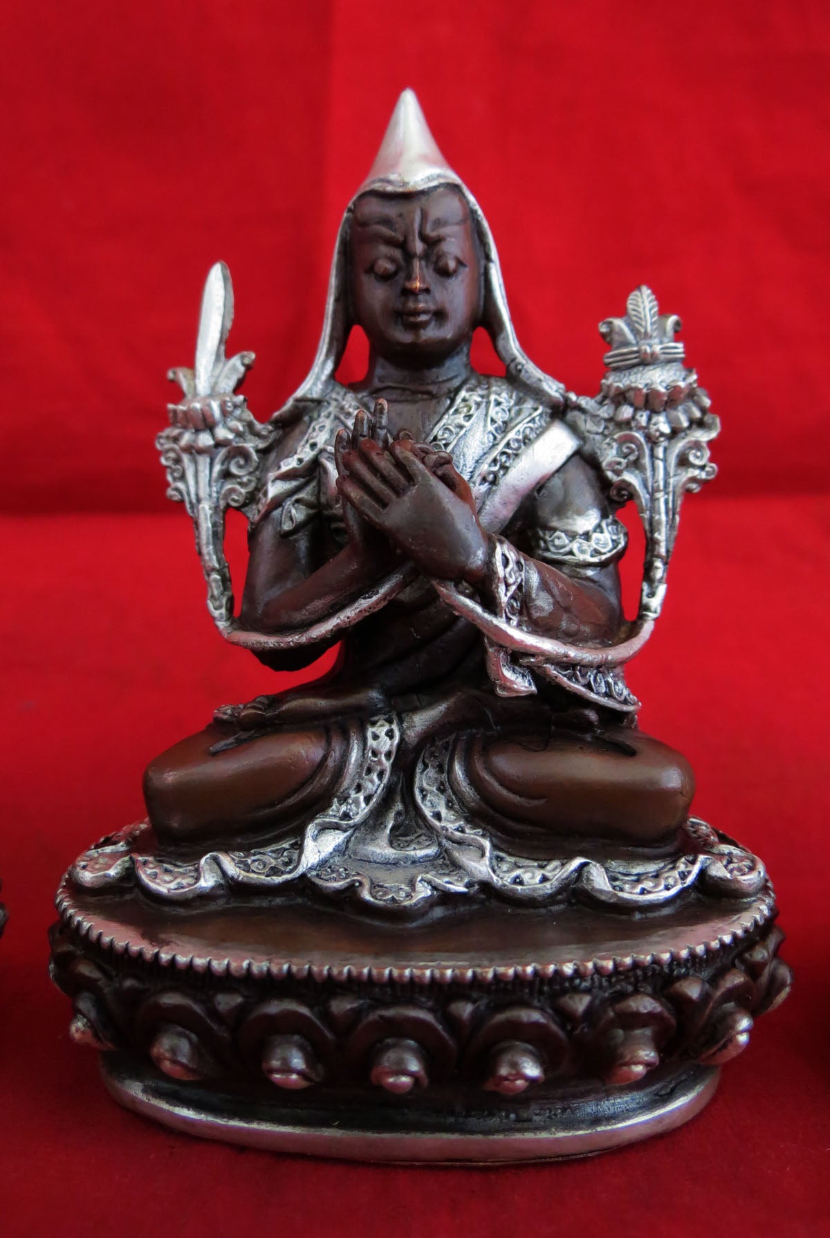 Tibetan Set of Tsongkhapa Silver Plated Oxide Fine 3.5" Copper Handmade Statue Figure Nepal