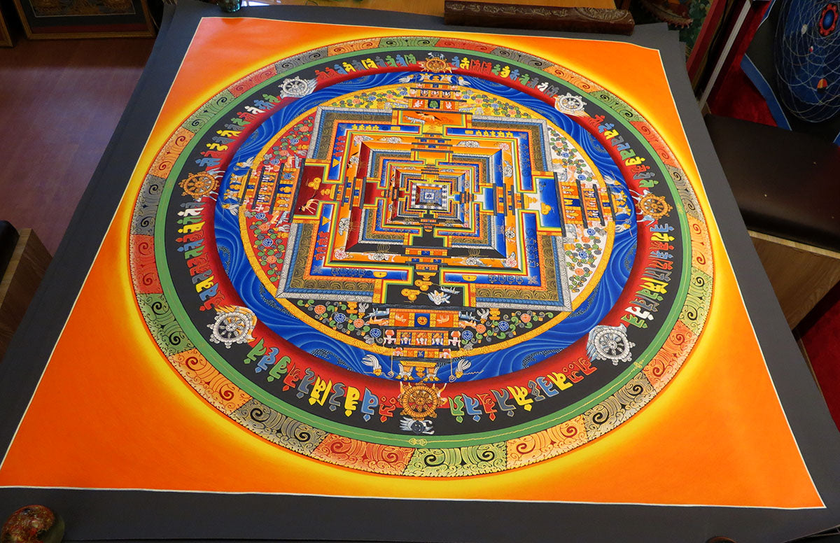 Tibetan Buddhism Ritual Kalachakra Mandala Kalachakra Tantra Hand Painting 26 cm Thangka Art free Light Orange