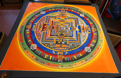 Tibetan Buddhism Ritual Kalachakra Mandala Kalachakra Tantra Hand Painting 26 cm Thangka Art free Light Orange