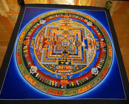 Tibetan Buddhism Ritual Kalachakra Mandala Kalachakra Tantra Hand Painting 26 cm Thangka Art free Light Navy