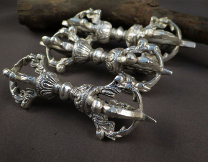 Tibetan Buddhism Ritual Silver Plated 3 pcs Brass Vajra/Dorje Altar Thunderbolt Nepal free