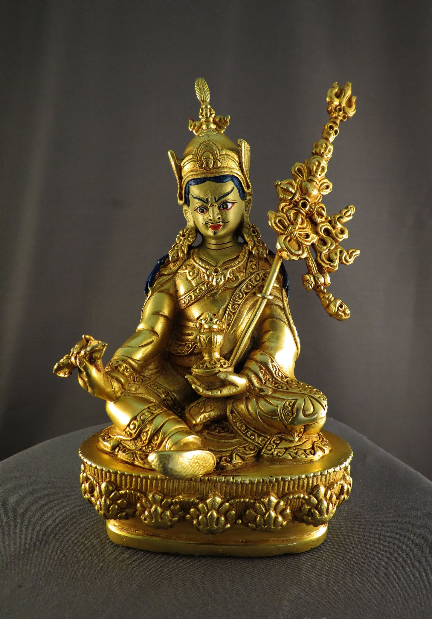 Tibetan Buddhism Guru Rinpoche Padmasambhava Gold Face Gold Plated Statue with Eight Manifestations of Guru Silver Oxide Copper Statue Sculpture free