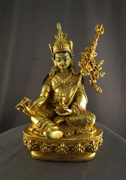 Tibetan Buddhism Guru Rinpoche Padmasambhava Gold Face Gold Plated Statue with Eight Manifestations of Guru Silver Oxide Copper Statue Sculpture free