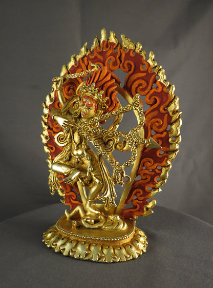 Tibetan Gold Face Goddess Kurukulla Dakini Jogini Gold Plated Copper 6.2" Statue Sculpture Nepal free