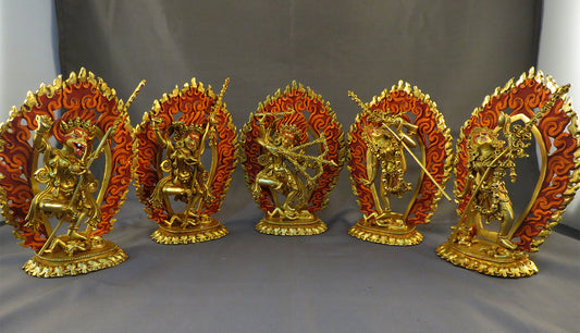 Gold Face Paint Tibetan Buddhism Set of 5 Jogini Yogini Dakini Gold Plated Copper Statue Figure Sculpture Nepal free